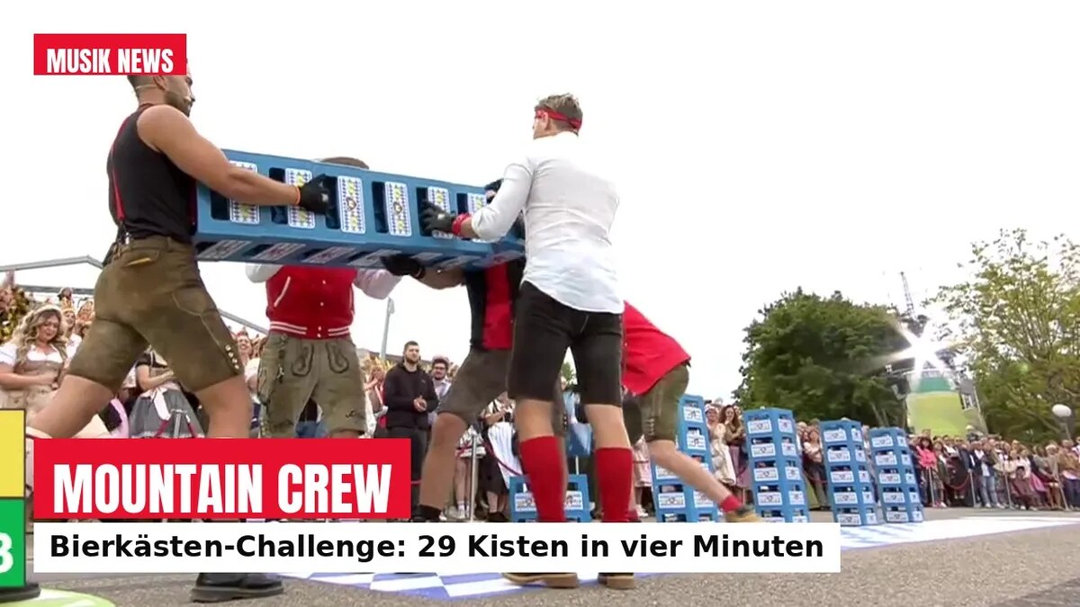 Mountain Crew beim Bierkästen-Querstapeln im ZDF-Fernsehgarten: 29 Kisten in vier Minuten